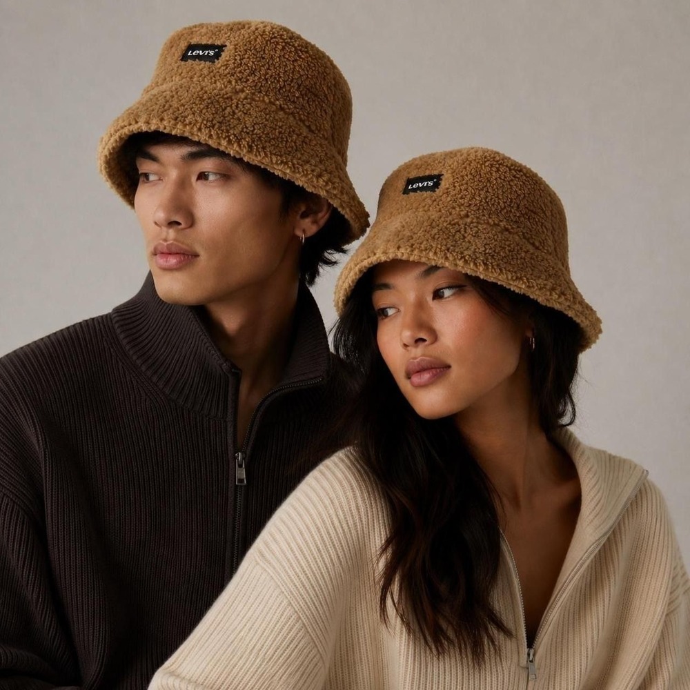Levi's Teddy Sherpa Bucket Hat Brown Fleece Cozy Y2K Streetwear Size M